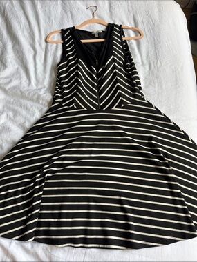 Sleeveless Black and white Striped Midi Fit-and-Flare Dress with Mesh Back